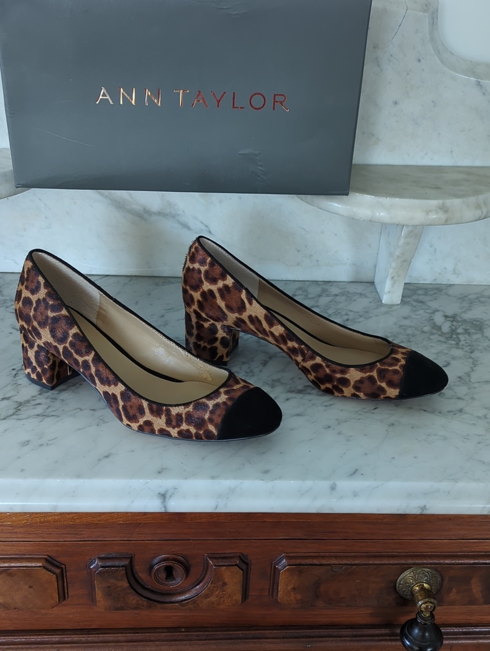 Ann Taylor Leopard-Print Block Heel Pumps with Black Cap Toe